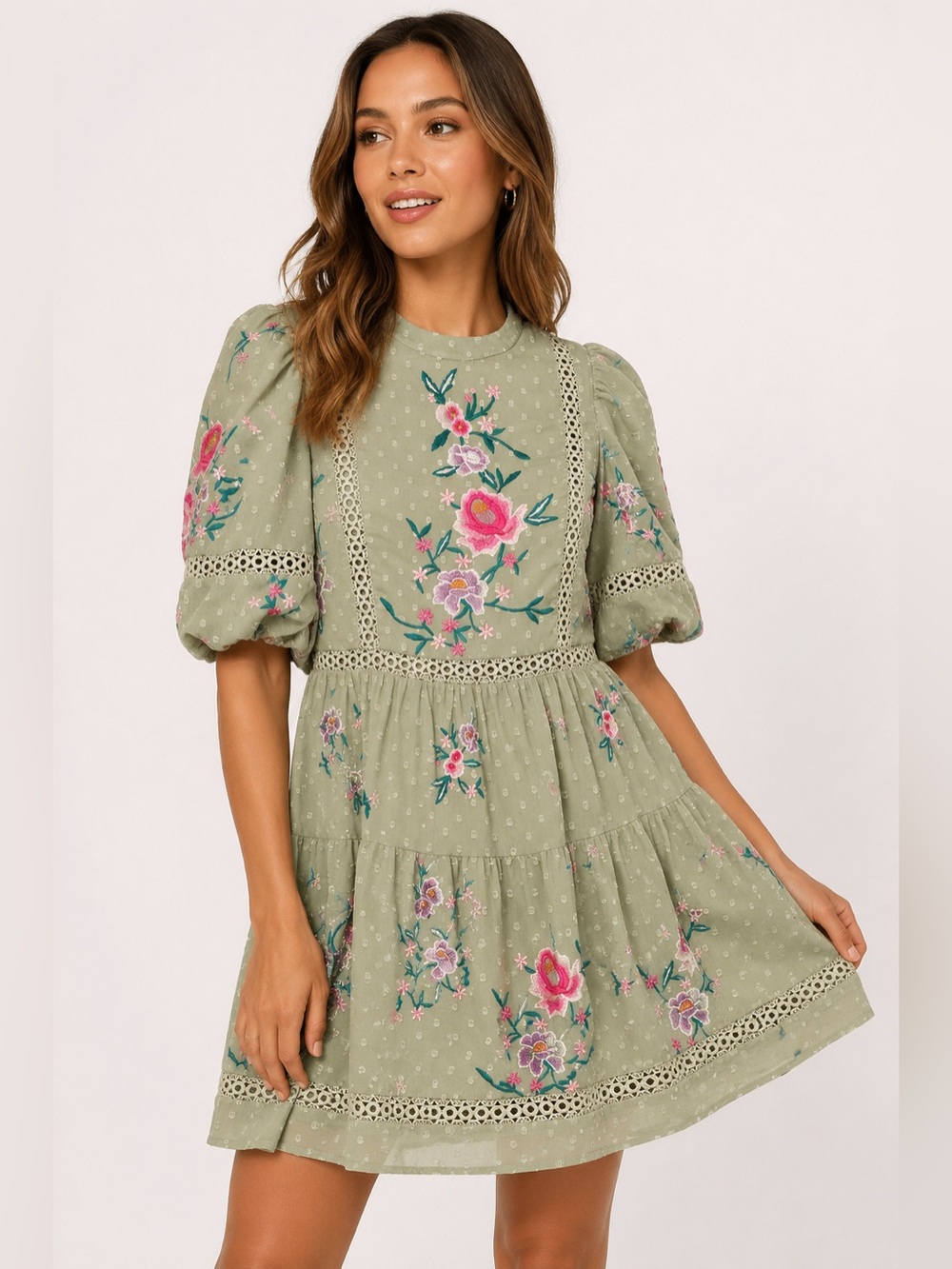 ASOS Design Sage Green Embroidered Puff Sleeve Babydoll Mini Dress 00 Fairycore